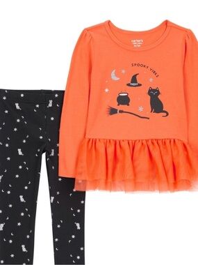Carter's Orange Halloween Tulle Hem Top with Black Cat Moon Leggings